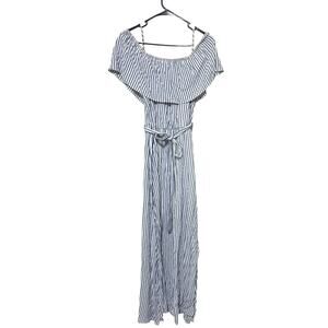 Maurices Dress Womens S Blue & White stripe off shoulder Maxi belted summer
